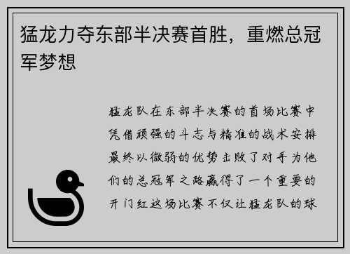 猛龙力夺东部半决赛首胜，重燃总冠军梦想