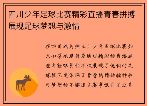 四川少年足球比赛精彩直播青春拼搏展现足球梦想与激情